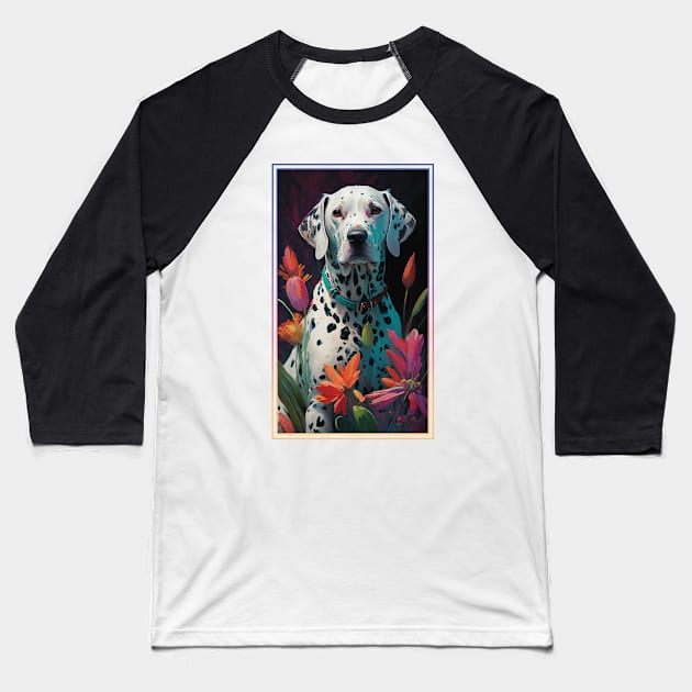 Dalmatian Dog Vibrant Tropical Flower Tall Digital Oil Painting Portrait 2 Baseball T-Shirt by ArtHouseFlunky